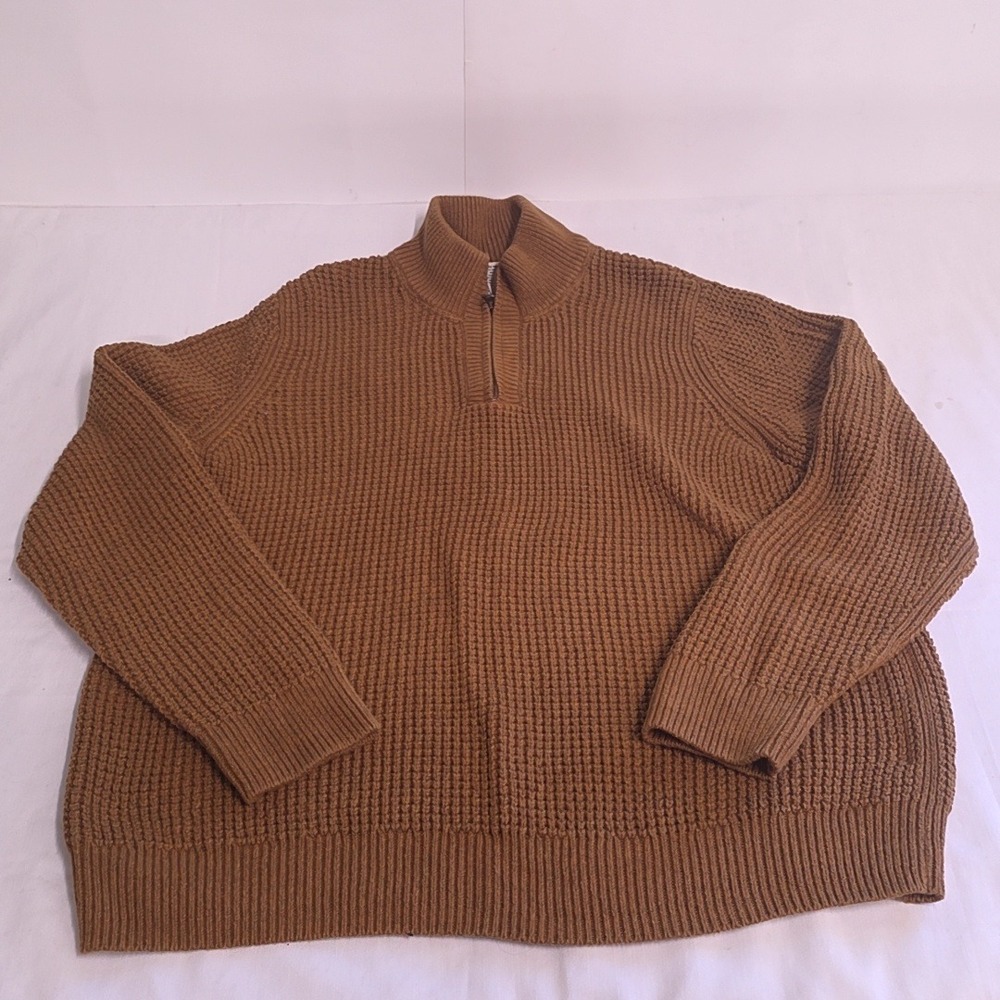 LL Bean Sweater Mens L Brown Organic Cotton Waffle Knit 1/4 Zip Fall Cabincore
